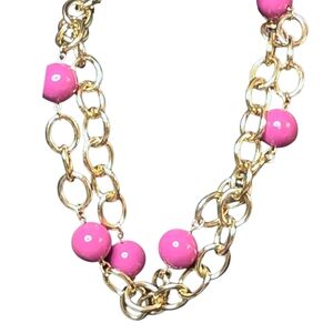 Gold Tone Chain Necklace Pink Beads Chunky Statement RR 569